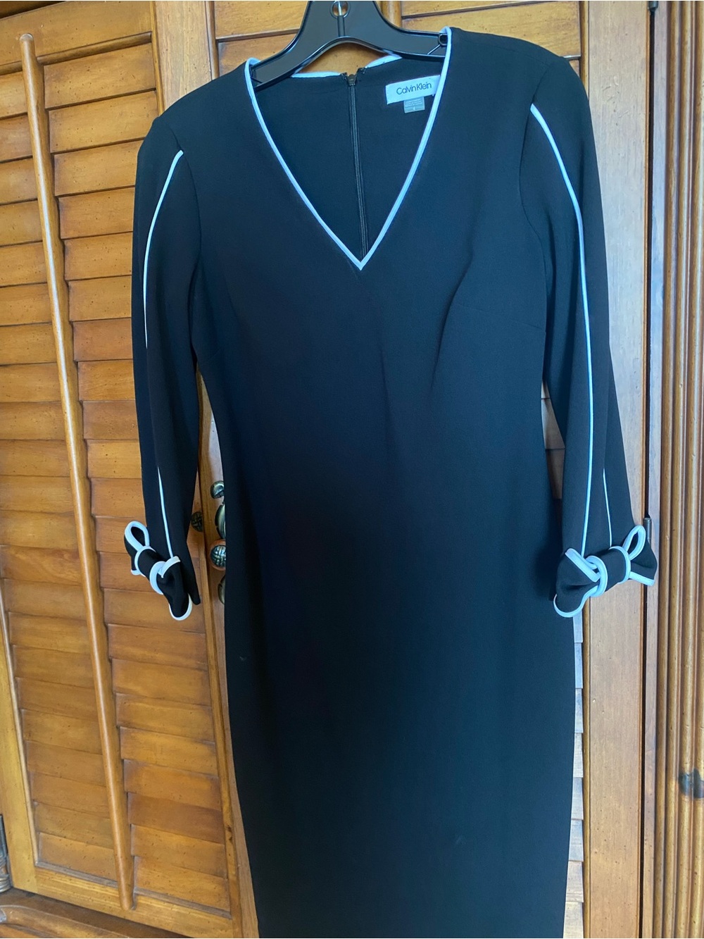Calvin Klein Black Long-Sleeve Sheath Dress with White Piping